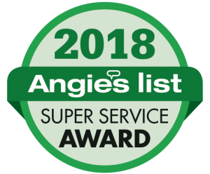 A green badge that says 2 0 1 8 angie 's list super service award.